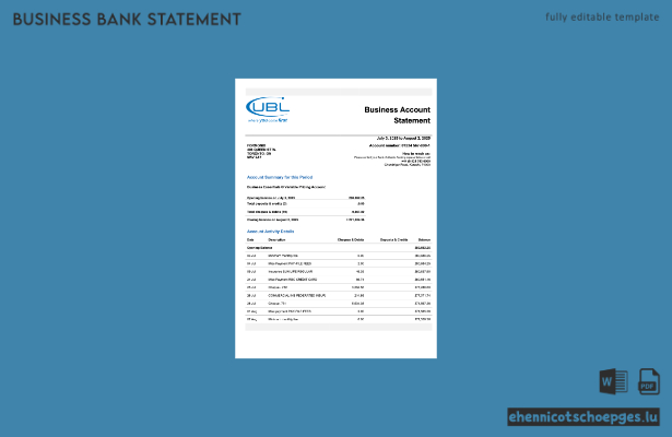 Pakistan UBL Unternehmenskontoauszug Word- und PDF-Beispielansicht